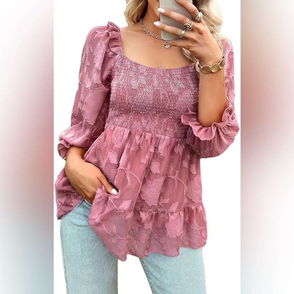 Uinolo Womens Chiffon Square Neck Shirred Ruffle Blouse Lace Long Sleeve Tunic T